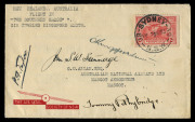 THE SECOND CROSSING OF THE TASMAN FROM EAST TO WEST: 26 Mar. 1933 (AAMC.299) New Zealand - Sydney cover flown on the "Southern Cross" and signed by the whole crew, Charles Kingsford Smith, P.G. Taylor, Tommy Pethybridge and John Stannage: addressed to "Sc