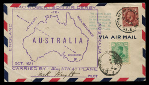 October 1934 (AAMC.451a) MacRobertson Air Race cover flown by J.H Wright and J. Polando from Mildenhall to Abadan with large cachet signed by Wright, G.B 1½d cancelled at Mildenhall Aerodrome (skeleton c.d.s, Oct. 20) and Persia 30d cancelled at Abadan, p