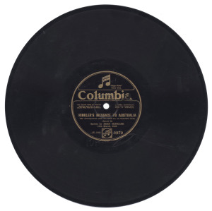CELEBRATING BERT HINKLER'S FLIGHT FROM ENGLAND TO AUSTRALIA, 1928 A Columbia 78 rpm recording, both sides devoted to Hinkler speaking about 'Incidents of my Flight' & 'Hinkler's Message to Australia,' recorded 13th March, 1928, two weeks after his triumphant arrival. Signed by Hinkler in the dead wax on both sides; accompanied by sheet music for a fox-trot titled 'Hustling Hinkler,' Lyric by L. Wolfe Gilbert; Music by Abel Baer. (2 items). "Hustling Hinkler up in the sky Fair or windy he's flyi
