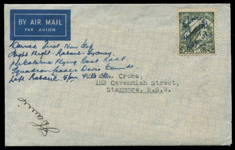 NEW GUINEA - Aerophilately & Flight Covers: 4th Dec.1941 (AAMC.P.154) Rabaul to Sydney endorsed "Carried First Non-Stop/Night Flight - Rabaul - Sydney/per Catalina Flying boat/RAAF/Squadron Leader Davis Commdr/Left Rabaul 5pm 4.12.41" and signed by the pi