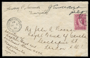 CANADA: 9 Oct. 1930 Newfoundland to England cover endorsed "Courtesy of/Captain Boyd and/Lieutenant Connor USNR/Transatlantic/Fliers" carried on the second flight of Airship "Colombia" with 4c Prince of Wales tied by HARBOUR GRACE (Newfoundland) datestamp and signed by pilot J Errol Boyd & navigator Harry P. Connor on the face, minor soiling. Only 20 posted from Harbour Grace. Ex Frommer.