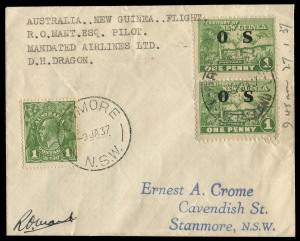 NEW GUINEA - Aerophilately & Flight Covers: 10th Jan.1937 Sydney to Salamaua (AAMC.P110b) carried on Mandated Airlines DH 84 Dragon return flight with KGV 1d green tied by ENMORE '9JA37' datestamp on departure and New Guinea 1d Huts optd 'OS' pair cancelled with BRISBANE '21JA37' datestamp on arrival back from New Guinea by surface mail, signed by pilot R.O. Mant, very scarce with only five flown, Cat $900. Ex Frommer.