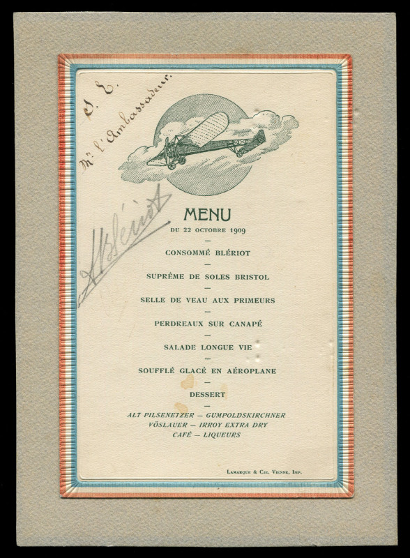 FRANCE - Aerophilately & Flight Covers: 22 Oct.1909 Menu Card from a celebratory aviation dinner dedicated to Louis Charles Joseph Bleriot and signed by him, just three months after he had become world-famous for making the first airplane flight across th