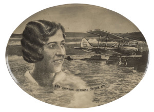 Amy Johnson - 1930 oval plaque (130x95mm), depicting "Amy Johnson - Heroine Of the Air" and her De Havilland DH.6 Gipsy Moth G-AAAH in flight over a coastal scene; minor blemishes in no way detract. Lovely memento. Ex Frommer.