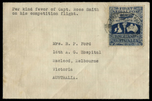 26 Feb.1920 (AAMC.27f) forgery of Ross Smith flown cover addressed to Mrs R.P. Ford, 16th A.G. Hospital, Mcleod, Melbourne, with genuine vignette tied by "FIRST AERIAL MAIL/RECEIVED/26FEB1920/GREAT BRITAIN TO AUSTRALIA" oval flight cachet (cachet possibl