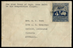 26 Feb.1920 (AAMC.27f) forgery of Ross Smith flown cover addressed to Mrs R.P. Ford, 16th A.G. Hospital, Mcleod, Melbourne, with genuine vignette tied by "FIRST AERIAL MAIL/RECEIVED/26FEB1920/GREAT BRITAIN TO AUSTRALIA" oval flight cachet (cachet possibly forged - 'GR' of 'GREAT BRITAIN' at left resembles a '62') , with typed endorsement "Per kind favor of Captain Ross Smith/on his competition flight.", Cat $3000. Ex Frommer.