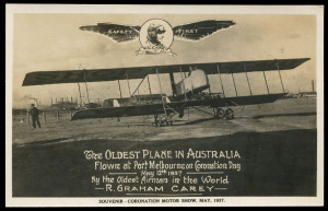 12 May 1937 (AAMC.731) R.G. Carey souvenir card for Coronation Motor Show (Melbourne) fine unused, plus real-photo aerial view of Williamstown endorsed "The future Flying/Boat Harbour/for Melbourne" & "1919" and signed "R. Graham Carey". Ex Frommer. [Car