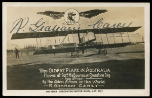 12 May 1937 (AAMC.732) R.G. Carey souvenir card for Coronation Motor Show (Melbourne) signed "R. Graham Carey", fine unused, Cat. $250. Ex Frommer.