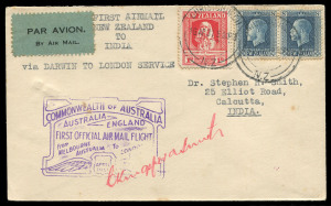 NEW ZEALAND - Aerophilately & Flight Covers: 17th April 1931 (NZAMC.49) per Australia - England airmail, Kingsford Smith signed covers (5) all accepted at Christchurch with '16AP31' datestamps, forwarded on the overnight inter-island ferry steamer to Wellington to meet up with the SS Ulimaroa departing on the 17th for Sydney where special flight cachet applied, thence to Brisbane by ANA, thence to Darwin by QANTAS, Kingsford Smith then flying to Akyab per "Southern Cross" with onward mail travel