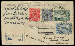 1 Dec. 1932 (AAMC.295b) Birdum - Daly Waters registered Qantas flown cover endorsed in manuscript "Carried by Pilot/from Birdum/Joseph N. Wilson/VH-UGW", provisional Daly Waters registration label, addressed to Seaford (Vic) redirected to Darwin, numerous
