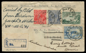 1 Dec. 1932 (AAMC.295b) Birdum - Daly Waters registered Qantas flown cover endorsed in manuscript "Carried by Pilot/from Birdum/Joseph N. Wilson/VH-UGW", provisional Daly Waters registration label, addressed to Seaford (Vic) redirected to Darwin, numerous backstamps, Cat. $400. Ex Frommer.