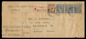 28 May 1928 (AAMC.121) Darwin - Broome registered cover flown, signed and endorsed by Wing Commander L.J. Wackett in the Widgeon II Amphibian which he designed and built. On May 28 he carried 4 covers from Darwin to Broome where they were forwarded onwards by registered post. Wackett waited in Broome where he joined the RAF Far-East flying boats on 1st June, then continuing his flight around Australia, arriving at Mascot on 1st July. Ex Eustis & Frommer.