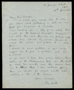 24 April 1921 Ross Smith signed letter headed "76 Jermyn Street/S.W.1" to a Mrs Tweedie asking for advice on expanding the article he wrote for The National Geographic Magazine about his England to Australia flight into book format and requesting suggesti
