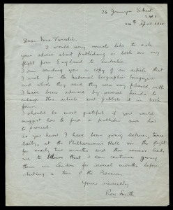 24 April 1921 Ross Smith signed letter headed "76 Jermyn Street/S.W.1" to a Mrs Tweedie asking for advice on expanding the article he wrote for The National Geographic Magazine about his England to Australia flight into book format and requesting suggestions as to how to source a publisher. Ex Frommer.