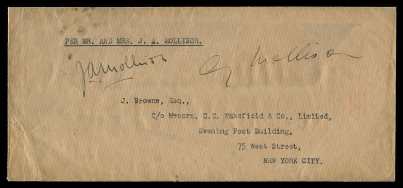 GREAT BRITAIN - Aerophilately & Flight Covers: 22 July 1933 Great Britain - United States stampless cover sent per James & Amy Mollison in the de Havilland Dragon "Seafarer", typed endorsement on reverse "July 27 1933" referencing the plane having crashed