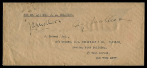 GREAT BRITAIN - Aerophilately & Flight Covers: 22 July 1933 Great Britain - United States stampless cover sent per James & Amy Mollison in the de Havilland Dragon "Seafarer", typed endorsement on reverse "July 27 1933" referencing the plane having crashed at Bridgeport Connecticut, signed "JA Mollison" & "A Mollison", minor soiling/stains. Only 4 covers were flown. Philatelic Foundation Certificate (1976). Ex Boris Joffe & Tom Frommer.