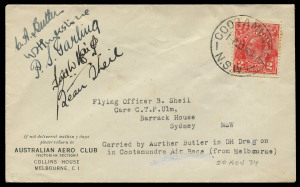 19 Nov. 1934 (AAMC.462) Melbourne - Cootamundra Air Race cover flown unofficially by CA Butler in a DH Dragon VH-URU, signed by the flight crew including Butler, only 6 flown, Cat.$425.