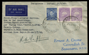 19 June 1940 (AAMC.903b) Australia - England, Qantas inaugral flight cover per flying boat "Corio.G.AEUH" for the WWII emergency 'Horseshoe' route via Danish East Indies, Cairo, Durban and thence to London, typed endorsement and signed by pilot Captain R. Tapp, adhesives tied by DARWIN N.T. '23JE40' datestamps.