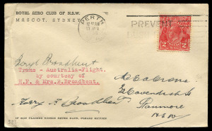 13 Jan.1936 (AAMC.582) Sydney - Perth (5 flown) and Sydney - Kalgoorlie (4 flown) unofficial flight covers both with "Trans-Australia-Flight" typed endorsements, carried Mr & Mrs H.F. Broadbent on their flight across Australia from Sydney to Perth, both covers signed by husband and wife, Cat. $350 each.