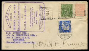 8 April 1937 (AAMC.714) Brisbane - Capetown flight cover unofficially flown to Koepang (Timor) with Queensland QV 1d & Australia KGV 1d green tied by BRISBANE machine cancel plus Netherland Indies 15c tied by KOEPANG arrival datestamp, signed by Mrs H.B. Bonney, Cat $300.