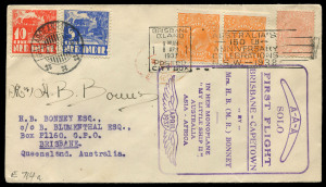 8 April 1937 (AAMC.714a) Brisbane - Capetown flight cover unofficially flown to Laboeanhadji (Lombok) where she made an emergency landing, franked with Queensland QV 1d & Australia KGV ½d orange pair tied by BRISBANE machine cancel plus Netherland Indies 