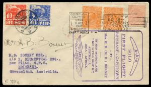 8 April 1937 (AAMC.714a) Brisbane - Capetown flight cover unofficially flown to Laboeanhadji (Lombok) where she made an emergency landing, franked with Queensland QV 1d & Australia KGV ½d orange pair tied by BRISBANE machine cancel plus Netherland Indies 10c & 5c tied by LABOEANHADJI arrival datestamp, signed by Mrs H.B. Bonney, Cat $400.