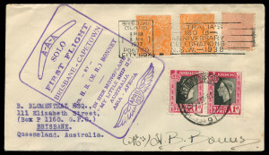 8 April 1937 (AAMC.716) Brisbane - Capetown flight cover franked with Queensland QV 1d & Australia KGV ½d orange (2) tied by BRISBANE machine cancel plus South Africa 10c Coronation pair tied by Cape Town arrival datestamp, signed by Mrs H.B. Bonney, Cat $275.
