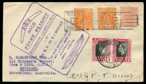 8 April 1937 (AAMC.716) Brisbane - Capetown flight cover franked with Queensland QV 1d & Australia KGV ½d orange (2) tied by BRISBANE machine cancel plus South Africa 10c Coronation pair tied by Cape Town arrival datestamp, signed by Mrs H.B. Bonney, Cat 