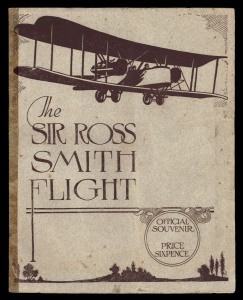 1920 official souvenir programme for the "The Sir Ross Smith Flight" printed in sepia with the original pictorial cover (small blemishes & spotting, edges reinforced with tape), 8pp staplebound, illustrated with two full page photographic portraits of Ros
