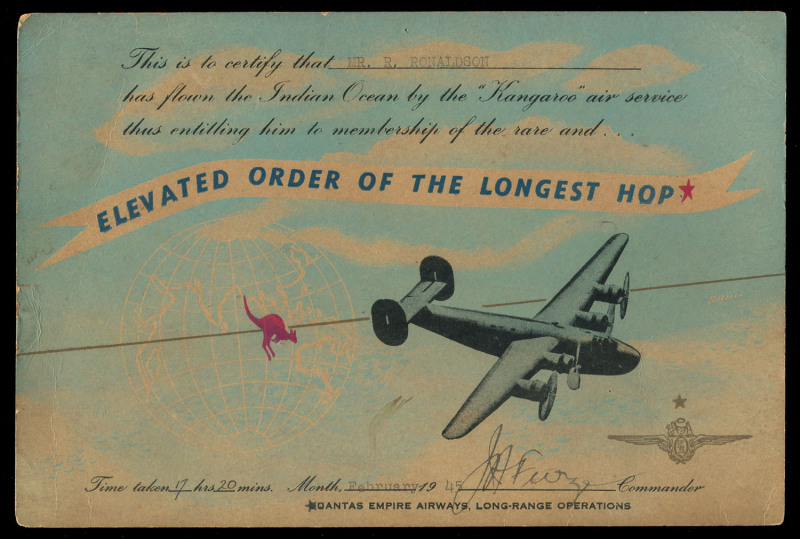 Feb. 1945 Qantas Empire Airways, Long Range Operations illustrated certificate for "Elevated Order of the Longest Hop" awarded to Mr R. Ronaldson for flying the Indian Ocean by the "Kangaroo" air service in a time of 17hrs 20mins, trivial blemishes/soili