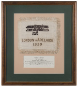 1919-20 London to Adelaide framed Air Race Flag (300x235mm) in brown and gold on beige, fringed on three sides, illustrated with Vickers Vimy 'G-EAOU' Biplane, signed by Ross Smith, Keith Smith, J.M.Bennett, & W.H.Shiers, together with a photo-postcard of - 2