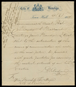 9 June 1914 (AAMC.1a) Bendigo - Ballarat letter from D.Andrew (Mayor) on 'City of Bendigo' letterhead to "His Worship the Mayor of Ballaarat" flown by Maurice Guillaux in his Bleriot monoplane with added message in French including "...j'avoir transporte 