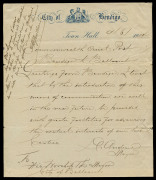 9 June 1914 (AAMC.1a) Bendigo - Ballarat letter from D.Andrew (Mayor) on 'City of Bendigo' letterhead to "His Worship the Mayor of Ballaarat" flown by Maurice Guillaux in his Bleriot monoplane with added message in French including "...j'avoir transporte
