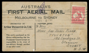June 1914 (AAMC.2) Melbourne - Sydney Official Souvenir postcards for proposed first official airmail flight by 'Wizard' Stone which was cancelled following a crash on 1 June which extensively damaged the plane and badly injured Stone, the cards subsequently carried by rail with the Kangaroo 1d tied by 'SYDNEY/AU24/NSW/1914' roller cancels on arrival, the former with 'WIZARD STONE' crossed out and replaced by manuscript 'Guillaux Pilot', the latter with Frommer 'TF' marking.