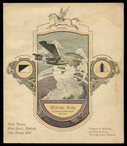 Mar. 23 1920 Adelaide 'Welcome Home' invitation and programme dedicated to 'To Captain Sir Ross Smith and Crew', 'Tendered by Members and Friends of the 3rd Light Horse Regiment', held at the Tivoli Theatre, Grote Street, Adelaide.