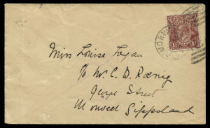 30 June 1920 (AAMC.46) Melbourne - Traralgon intermediate cover to Morwell carried by Capt EW Leggatt of Aviation Ltd in an Armstrong Whitworth on the 'Herald and Weekly Times' experimental airmail franked with KGV 1½d brown tied 'MORWELL/JU30/20/VICTORIA-M8' duplex cancel on arrival and yellow & purple 'By Herald Aerial Delivery' vignette affixed on back tied 'Herald' office time-clock receiving datestamp, fine condition with just a couple of trivial marks, Cat $4,500.