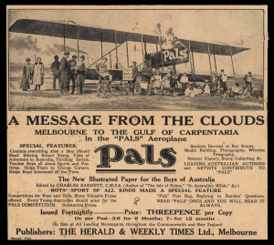 27 Sept. 1920 (AAMC.51ba) Melbourne-Longreach-Melbourne Pals "A Message From The Clouds" advertising leaflet showing the Aeroplane dropped from the Maurice Farman Shorthorn biplane flown by RG Carey on the Herald and Weekly Times promotional flight to the