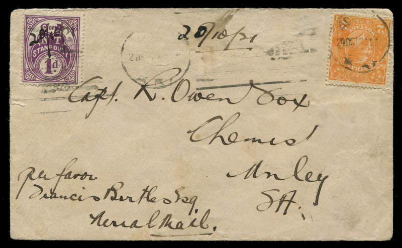 30 Sept.1921 (AAMC.55) Adelaide - Alice Springs cover to Unley, SA carried by Francis Birtles and pilot Lt FS Briggs in a DH4 on their Railway Commission survey flight, franked with KGV 2d orange tied Adelaide '27OCT21' roller cancel on arrival also tiein