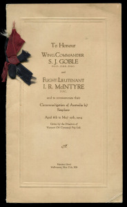 27 May 1924 Goble & McIntyre circumnavigate Australia commemorative menu for a dinner at Menzies Hotel, Melbourne "To Honour Wing Commander S.J.Goble and Flight-Lieutenant I.R. McIntyre and to commemorate their Circumnavigation of Australia by Seaplane Ap