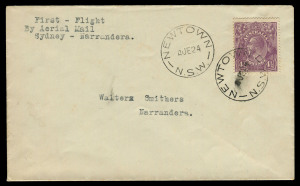 7 June 1924 (AAMC.72a) Sydney - Adelaide intermediate Sydney - Narrandera with KGV 4½d tied by 'NEWTOWN/4JE24/NSW' cds, very fine, Cat $550+. 