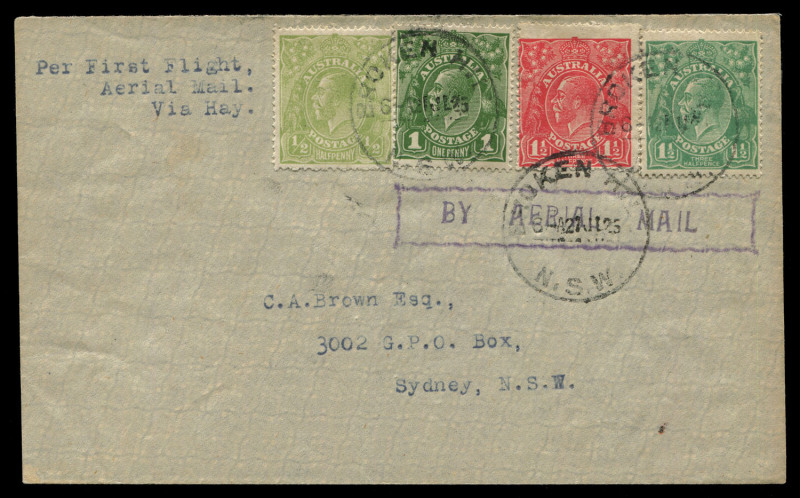 21 July 1925 (AAMC.85&88) Adelaide - Sydney two covers carried by Australian Aerial Services Ltd on first flights between new links on the Adelaide-Sydney service, the former (AAMC.88) with violet 'BY AERIAL MAIL' cachet franked KGV 1½d red, 1½d green, 1d