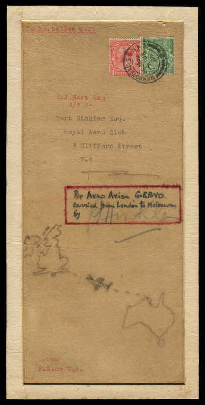 7 Feb. 1928 (AAMC.116) England - Australia cover front carried by Bert Hinkler on his record-breaking solo flight for delivery to EJ Hart, editor of the Australian 'Aircraft' journal, originally sent to the Royal Aero Club, London with Great Britain KGV 1