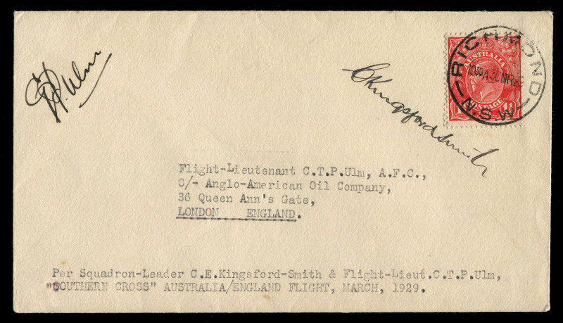 30 Mar. 1929 (AAMC.131) Australia - England cover carried by Sir Charles Kingsford Smith, Charles Ulm, HA Litchfield & T McWilliams on the 'Coffee Royal incident' flight endorsed 'Per Squadron-Leader CE Kingsford Smith & Flight-Lieut CTP Ulm "SOUTHERN CRO