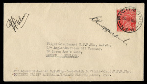30 Mar. 1929 (AAMC.131) Australia - England cover carried by Sir Charles Kingsford Smith, Charles Ulm, HA Litchfield & T McWilliams on the 'Coffee Royal incident' flight endorsed 'Per Squadron-Leader CE Kingsford Smith & Flight-Lieut CTP Ulm "SOUTHERN CROSS" AUSTRALIA/ENGLAND FLIGHT MARCH 1929' signed "C Kingsford-Smith" and "CTP Ulm" on face franked with KGV 1½d red tied 'RICHMOND/30MR29/NSW' datestamp, Cat $2,750.