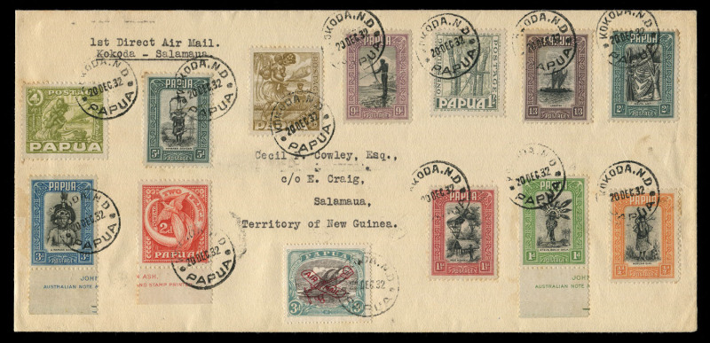 PAPUA - Aerophilately & Flight Covers: 20 Dec. 1932 (AAMC.P51) Kokoda-Salamaua long cover with Lakatois 3d 'AIR MAIL' overprint plus Pictorials set to 2/- tied 'KOKODA ND/NEW GUINEA' d/s carried by F Drayton in a Guinea Airways Junkers F13, minor aging ma