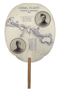 1920 John Martin & Co (Department Store, Adelaide) advertising fan produced to commemorate Ross & Keith Smith's "AERIAL FLIGHT/ENGLAND to AUSTRALIA/1919" showing map of route and flight schedule with inset images of Ross & Keith Smith, some minor edge blemishes and very light spotting. Rare survivor.