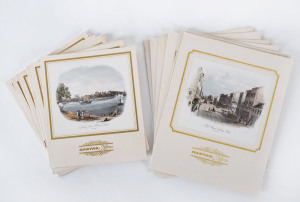 QANTAS: c.1960 group of 17 in-flight menus in two sizes (20.50 x 18cm or 25.50 x 20cm), each with a tipped-in facsimile view of Sydney from the mid 19th century, the insides showing a contemporary photographic image of the same view.