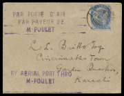 Oct. - Nov.1919 (AAMC.25a) Bandar Abbas - Karachi cover carried by Poulet and Benoist in their Caudron G4 "La Mouche" on their flight which originated in Paris, bound for Australia. The journey was abandoned at Moulmein in Burma. The cover bears a 3-line