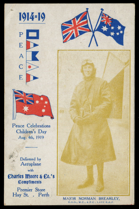 4 Aug.1919 (AAMC.19) Major Norman Brearley in an Avro biplane dropped a batch of advertising postcards for Charles Moore & Co over Perth and suburbs. [This example is one of 6 known.] Provenance: Nelson Eustis Gold Medal Collection, March 2008, Lot 23 :