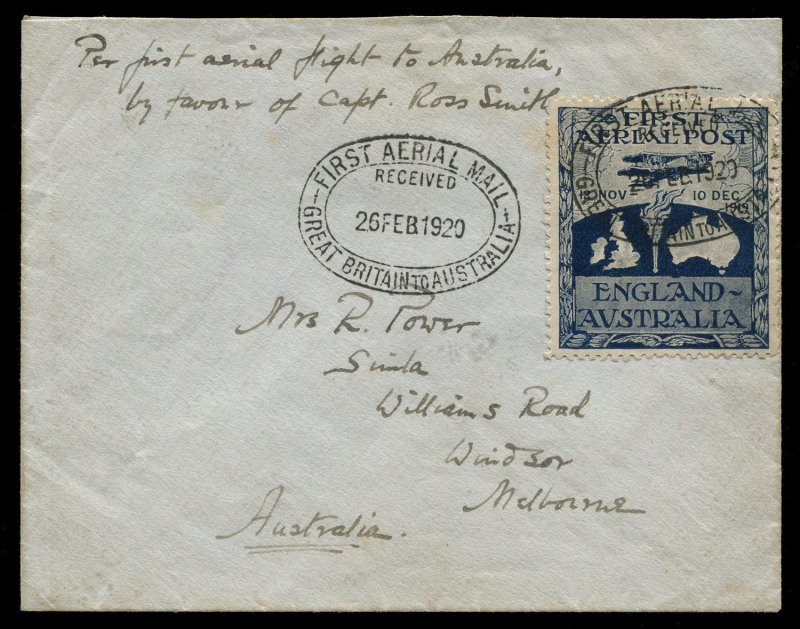 Nov.1919 - Feb.1920 (AAMC.27a) Syria - Australia intermediate flown cover bearing the Ross Smith vignette, attractively tied by one of 2 strikes of the oval "FIRST AERIAL MAIL" handstamp. With faint 3-line cachet in violet and endorsed "Per first aerial f